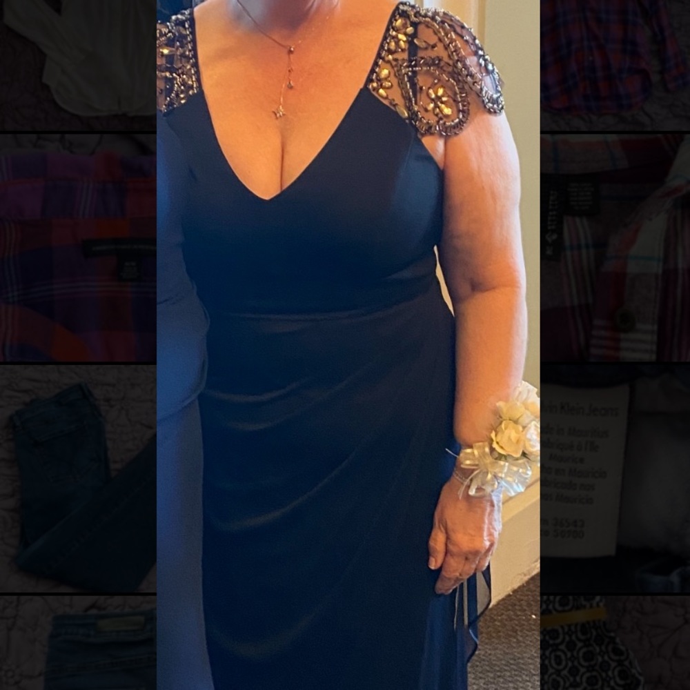 Xscape Navy Blue Beaded Cap Sleeve Dress